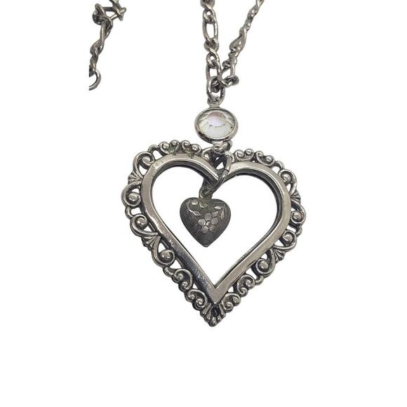 Vintage Puffy Heart Necklace Silver Filigree Ornate Openwork Swarovski Crystal - Picture 1 of 9